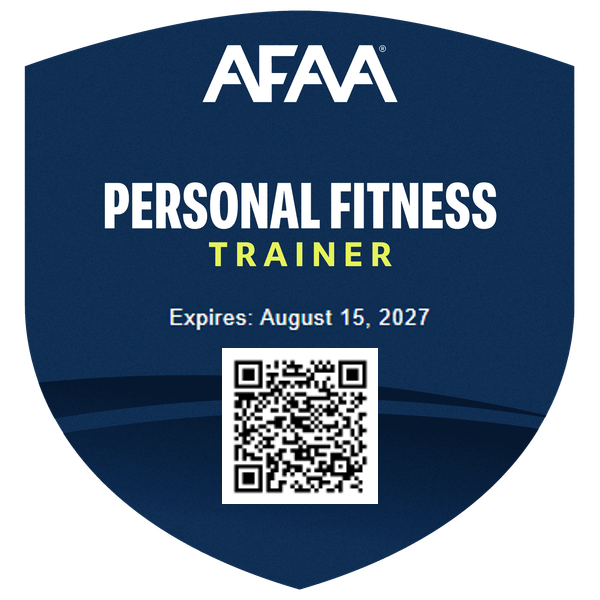 AFAA Personal Fitness Trainer credential issued to Coach Cheryl, expiring August 15 2027, with QR code for verification on NASM credentials